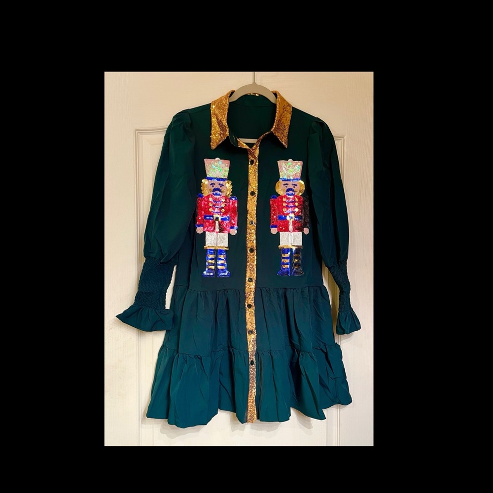Green Dress with Nutcracker Design and Gold Accents